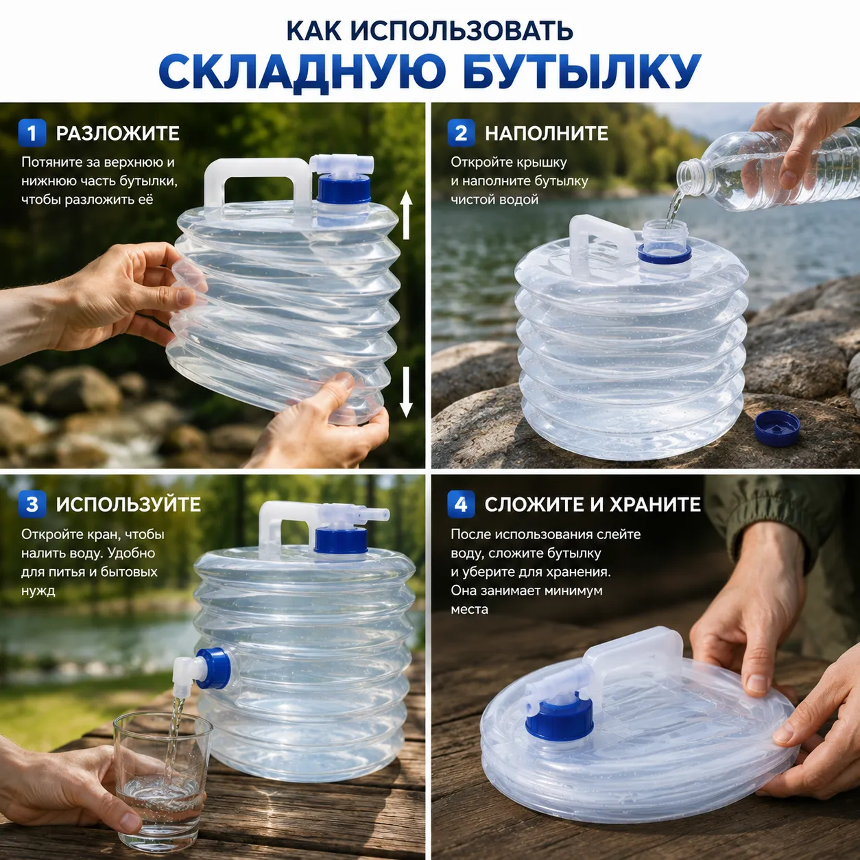 Складная бутылка для воды с ручкой и удобным краном