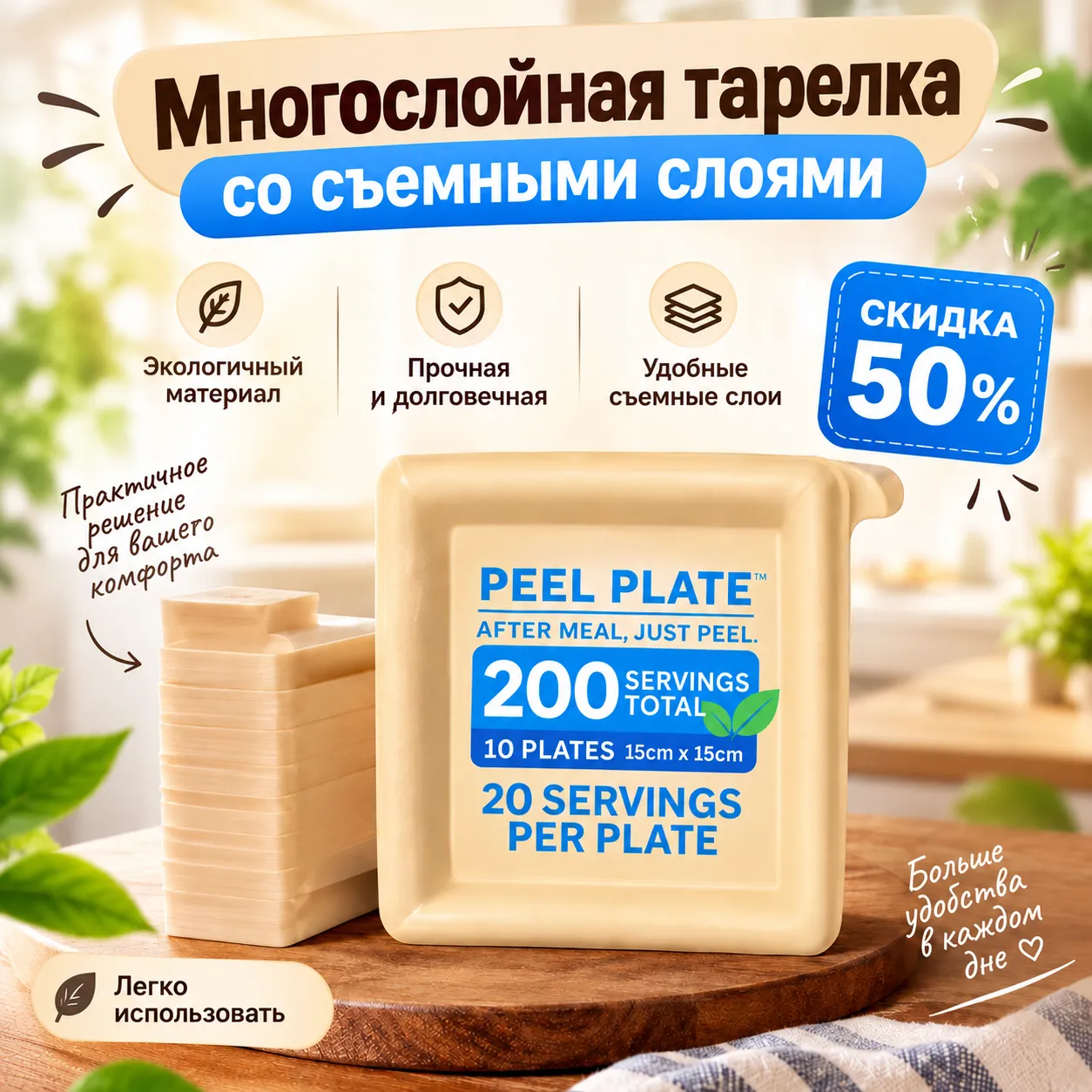 Многослойная одноразовая тарелка с 20 съёмными слоями для удобного использования