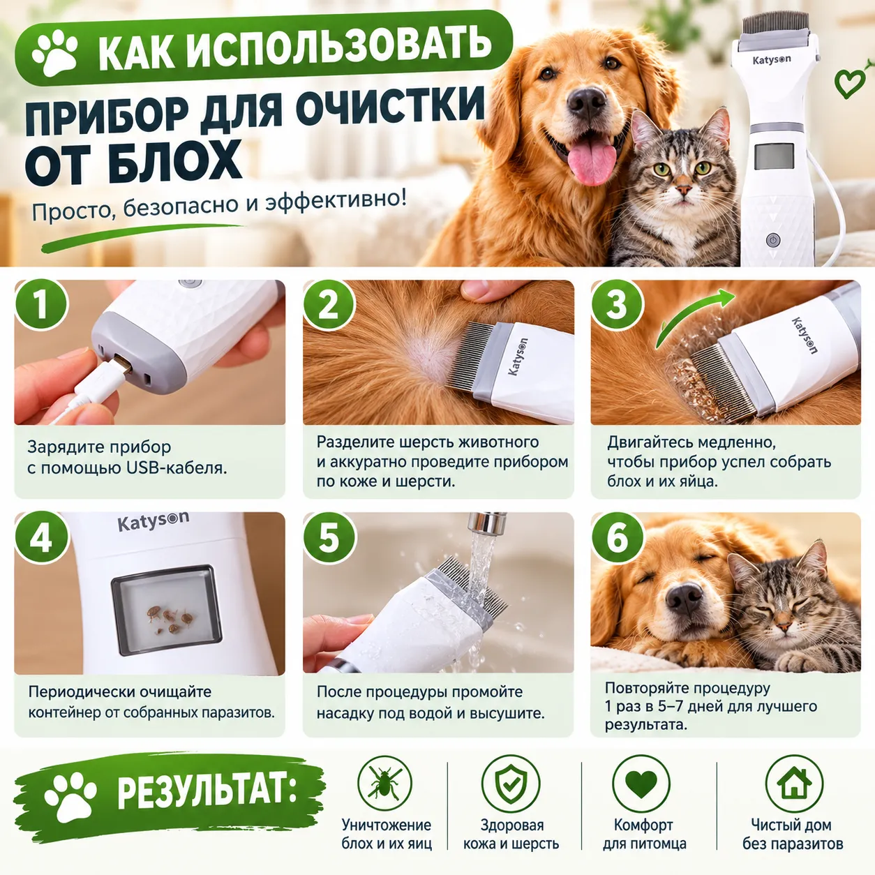 Прибор Katyson для очистки шерсти кошек и собак от блох