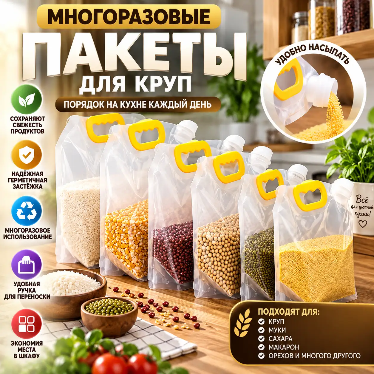 Многоразовые пакеты для круп с ручкой и удобным клапаном