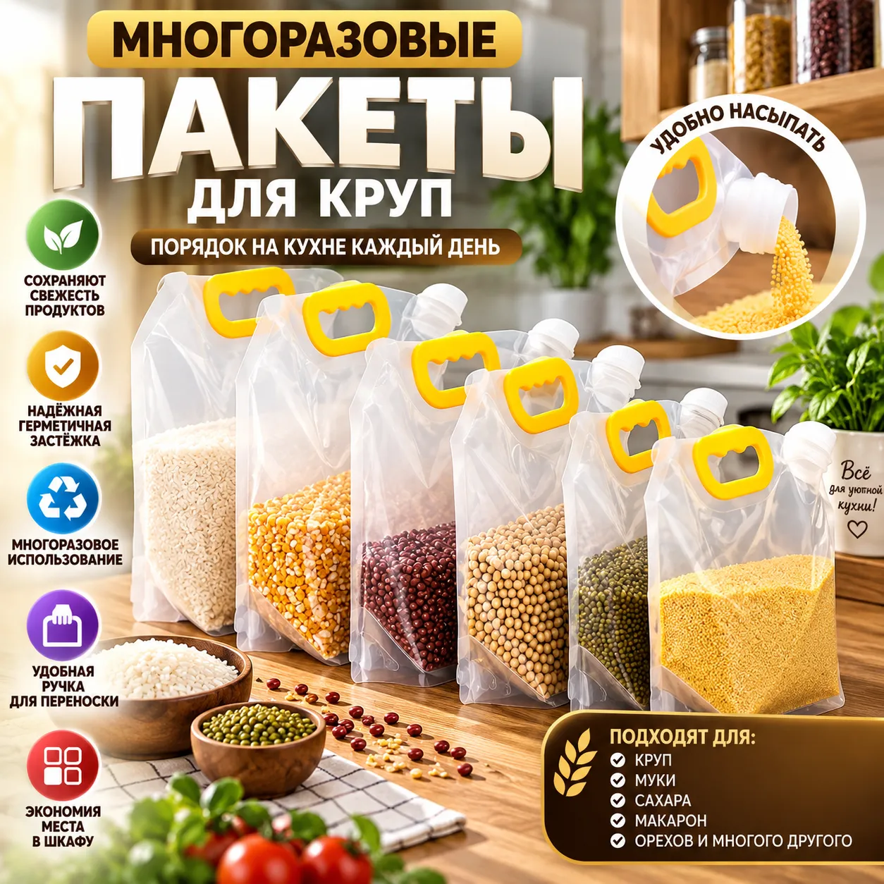 Многоразовые прозрачные пакеты для хранения круп с ручкой и клапаном