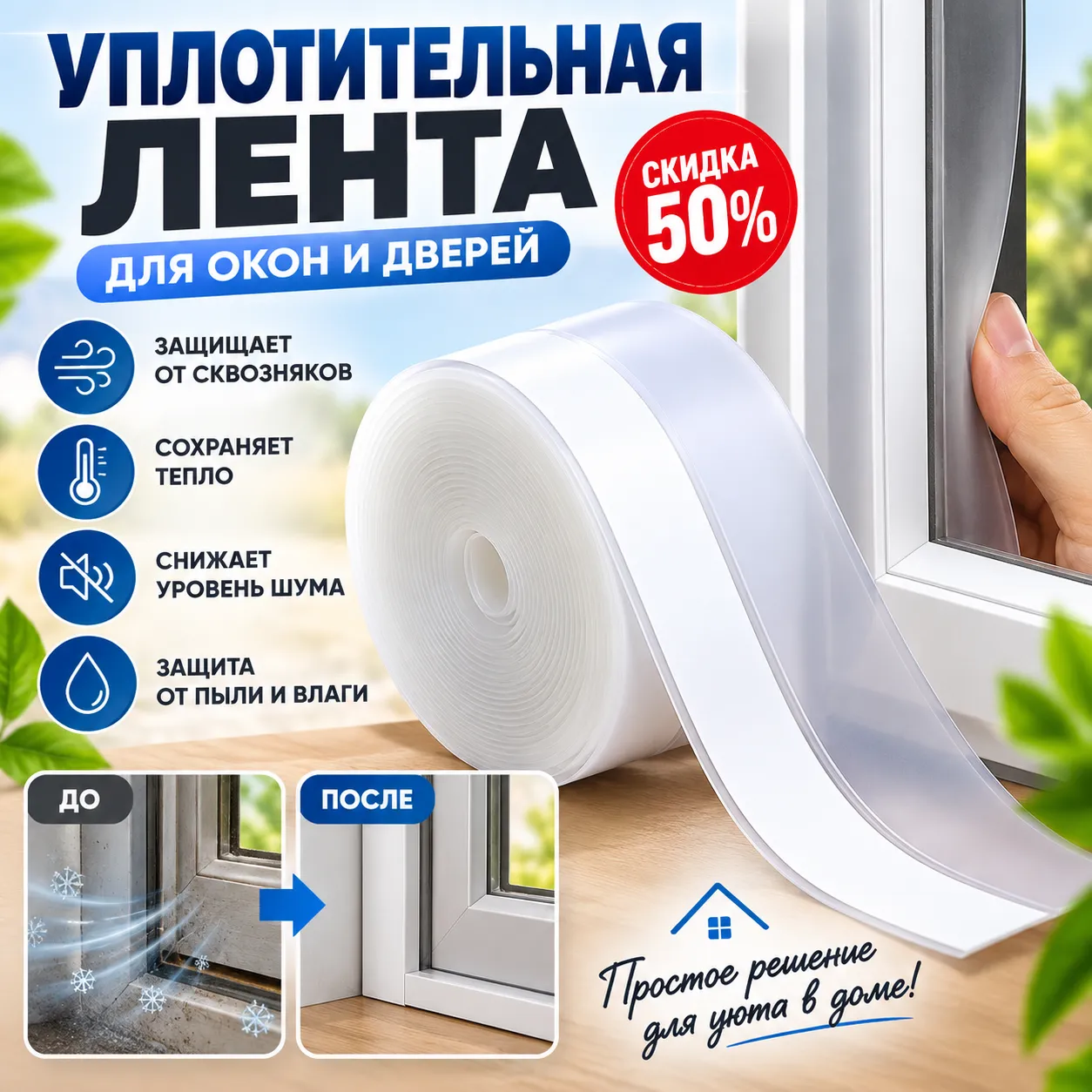 Уплотительная лента для окон и дверей шириной 35 мм и длиной 5 м