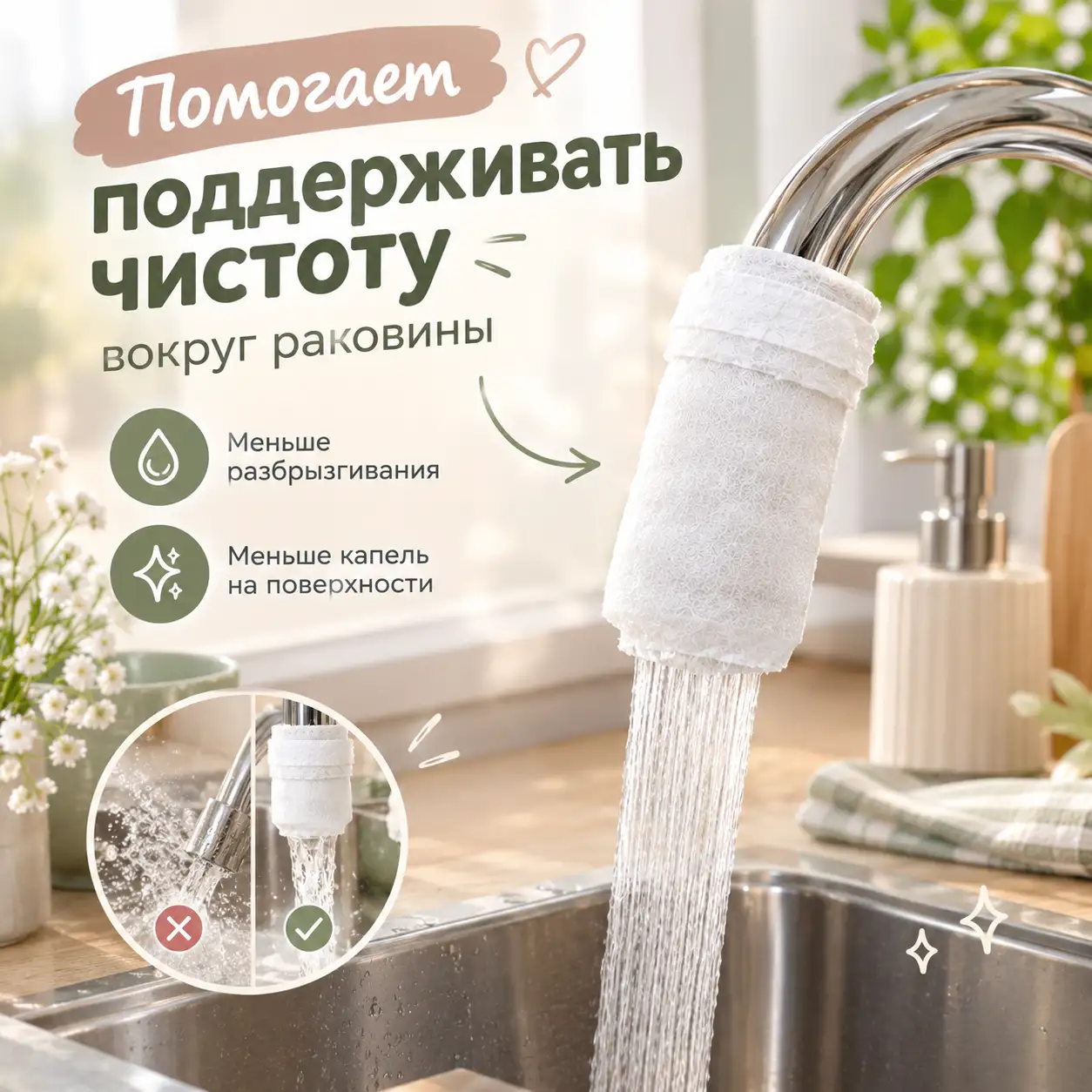 Помогает поддерживать чистоту вокруг раковины