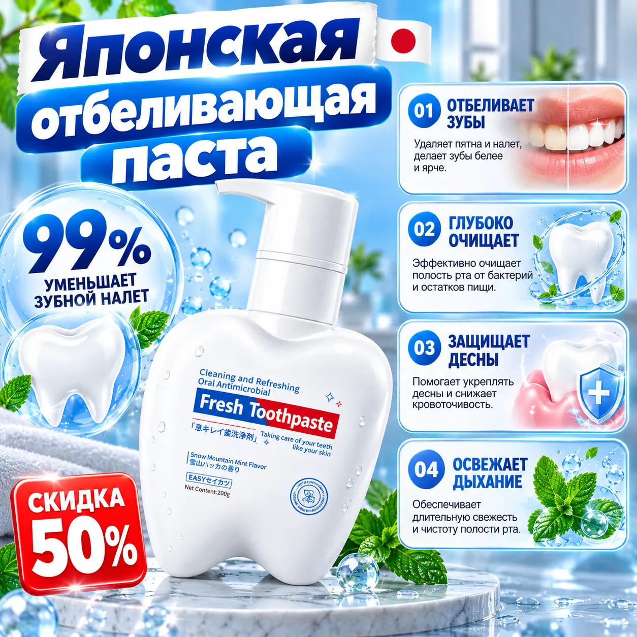 Японская отбеливающая зубная паста Fresh Toothpaste с мятным вкусом