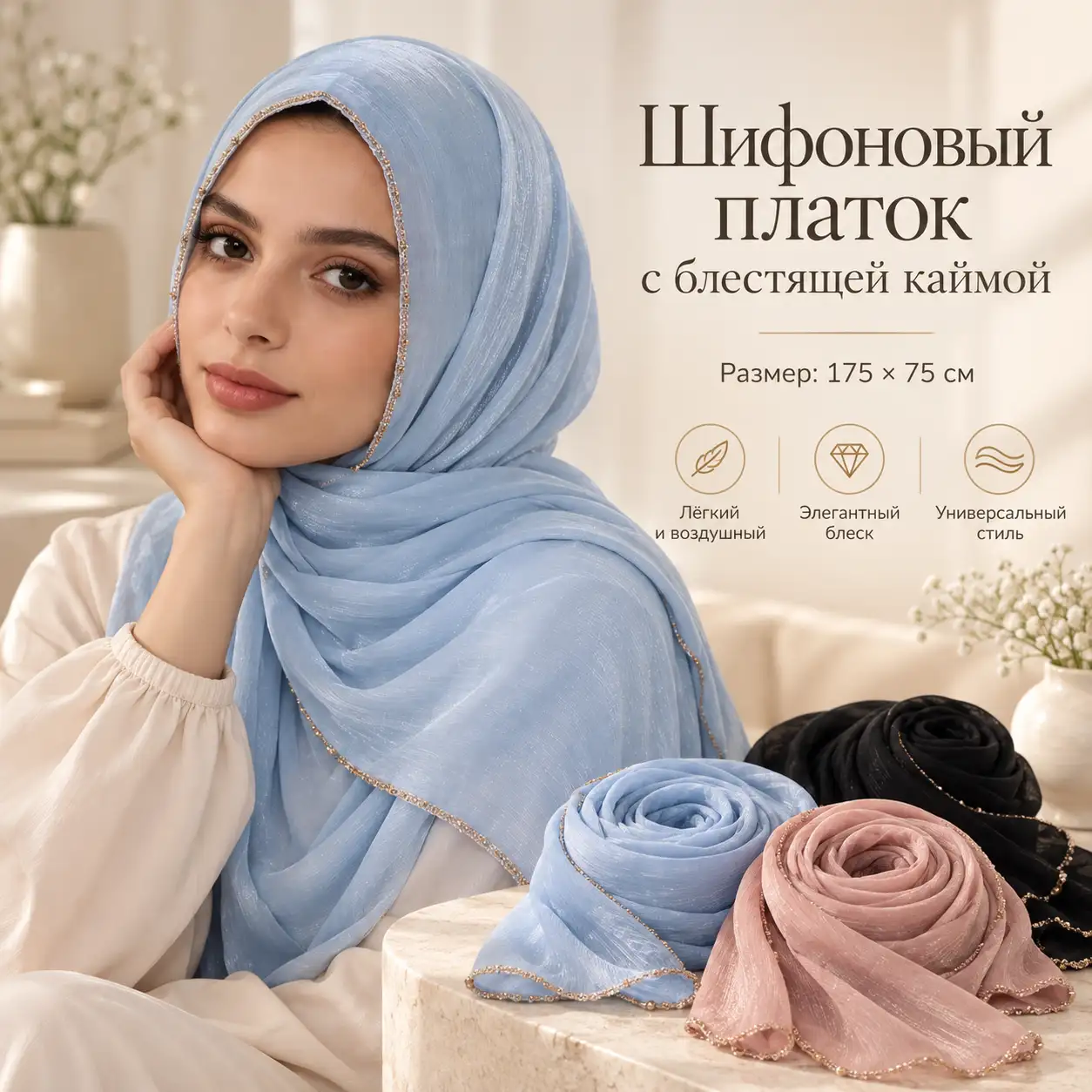 Шифоновый платок с блестящей каймой