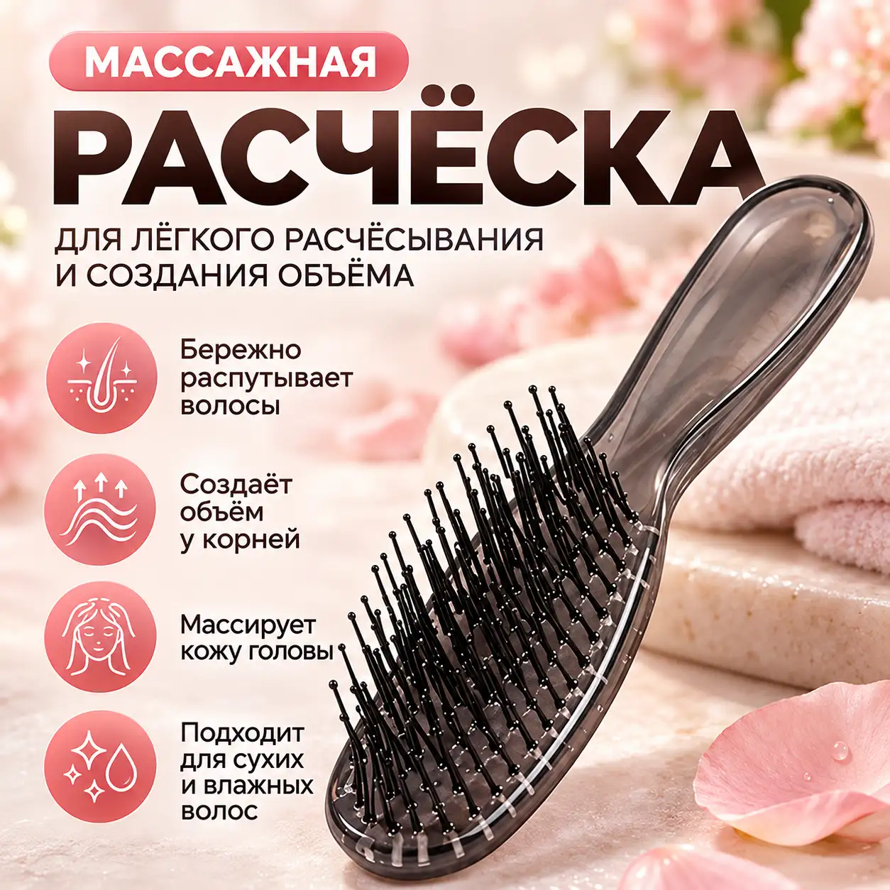 Массажная щётка для лёгкого расчёсывания и объёмной укладки волос