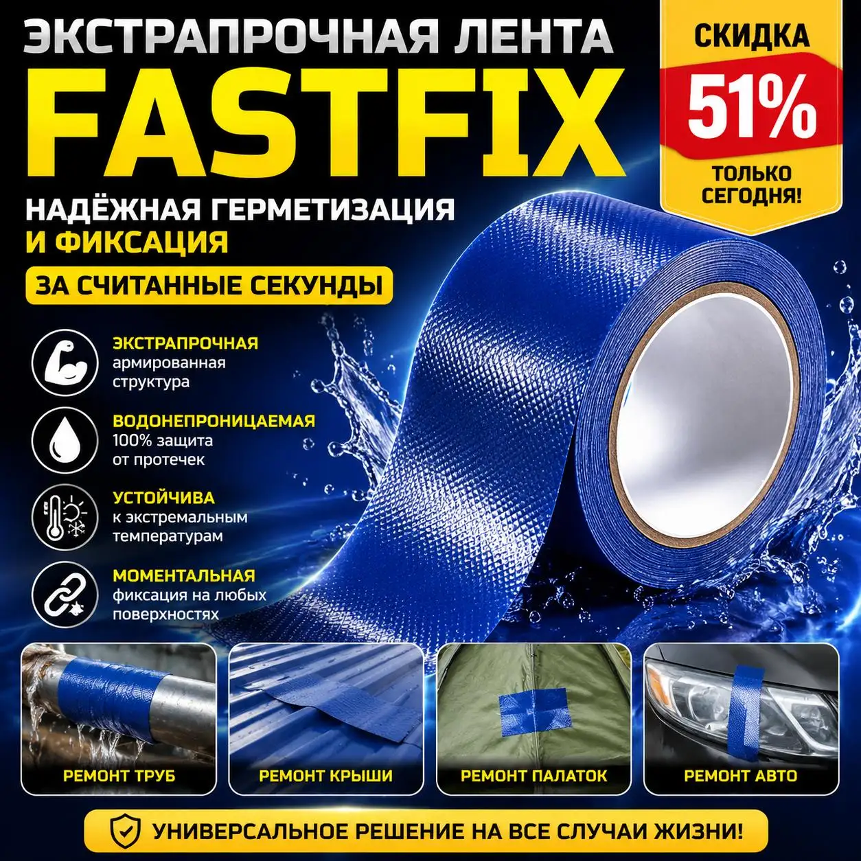 Экстрапрочная герметизирующая лента FASTFIX — ремонт за секунды