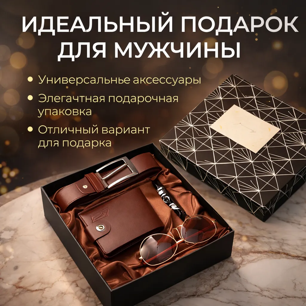 Мужской набор (Ремень+Очки+Портмоне+Браслет)  