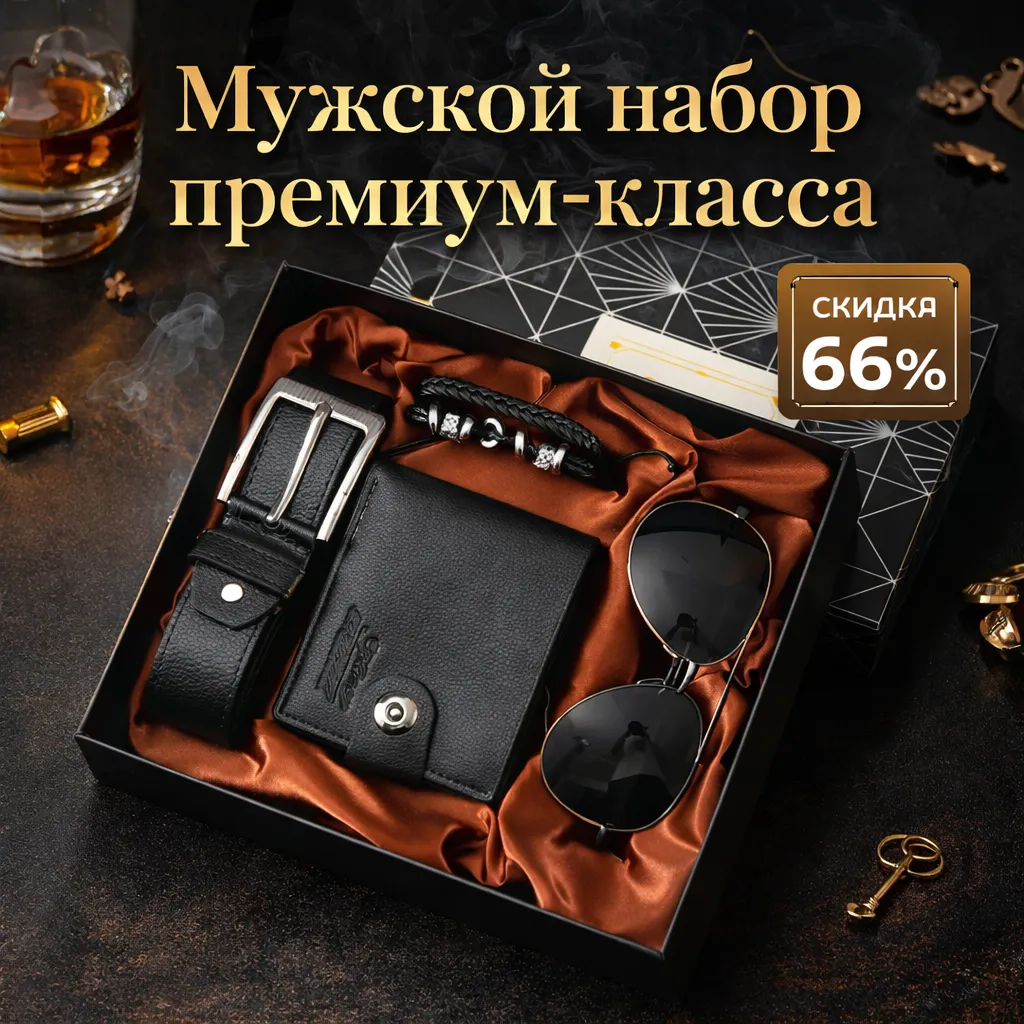 Мужской набор (Ремень+Очки+Портмоне+Браслет)  