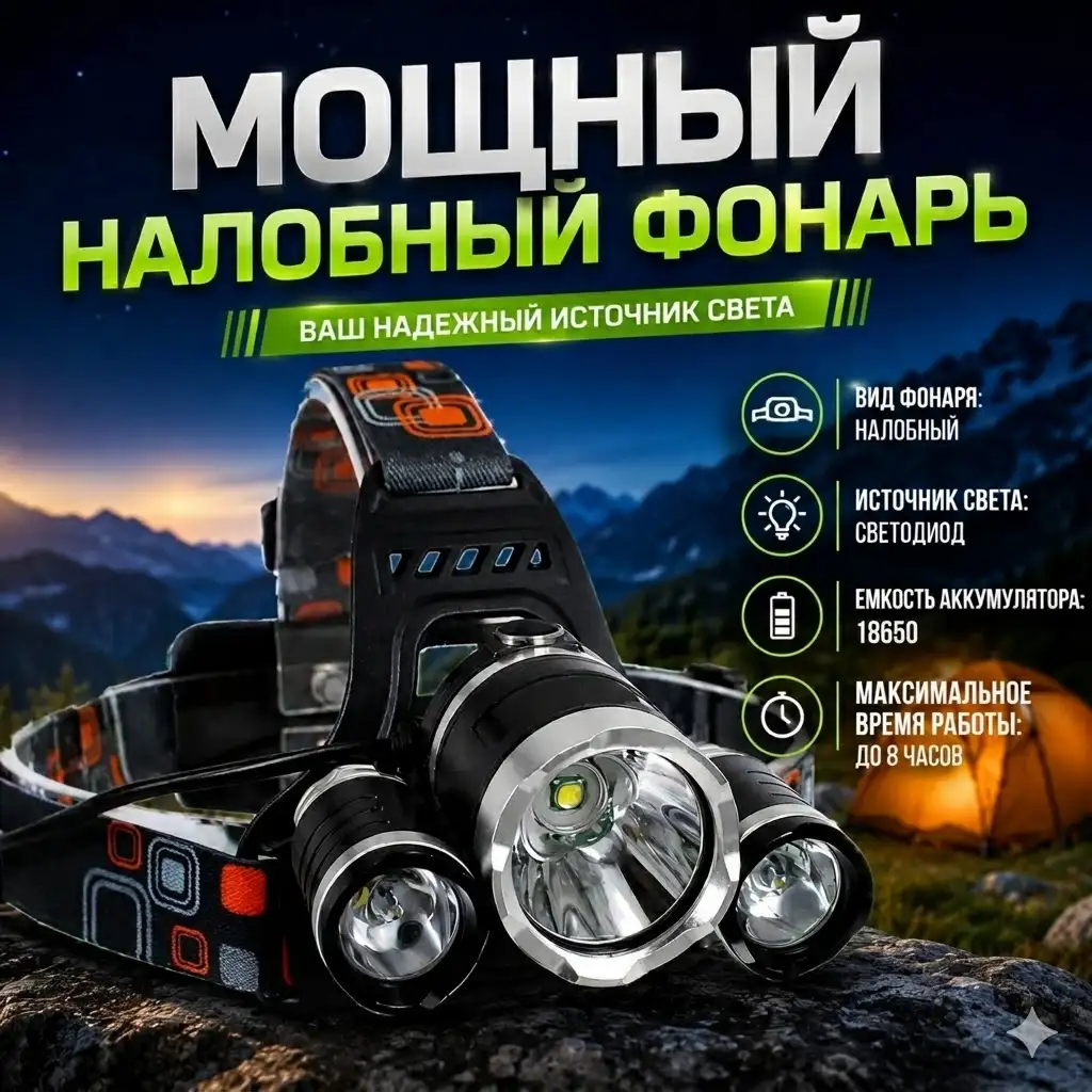 Сверхмощный налобный фонарь с 4 режимами свечения и двойной зарядкой