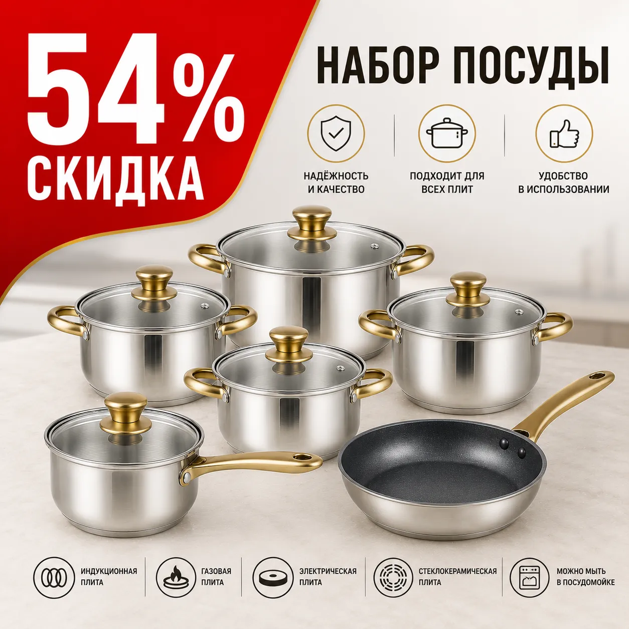 Набор кастрюль + сковородка Fissman