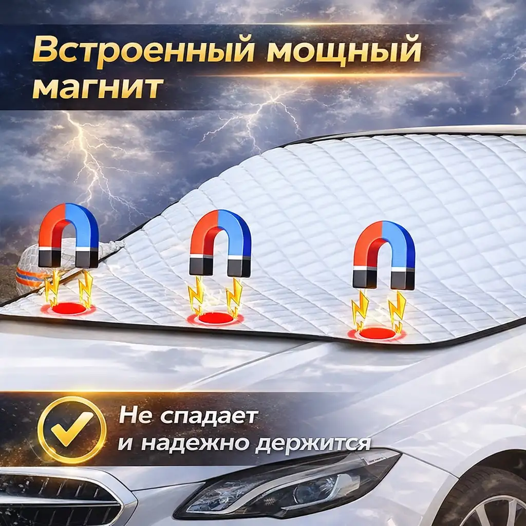 Встроенные магниты надёжно фиксируют накидку за секунды
