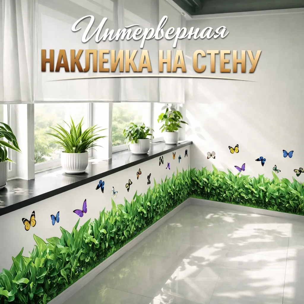 Наклейка на стену "Трава с бабочками"